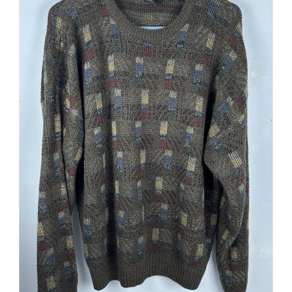 Vtg Geoffrey Beene Men Classic Abstract Acrylic Grandpa Sweater Brown L Checked - Picture 1 of 9